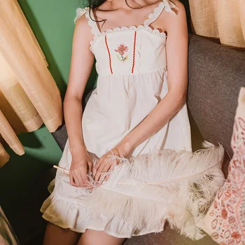 

Ladies Summer Sexy Soft Sleepwear Thin Word Collar Sling Fresh Nightdress + Cotton Lace Solid Color Nightgown Two-piece Suit