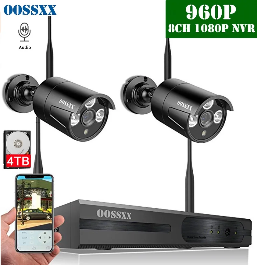 2 Black 960P Cameras Беспроводная система охранной камеры, комплект NVR 8CH 1080 P, 4 шт 960P(1,3 м) наружная беспроводная ip-камера видеонаблюдения OOSSXX - Цвет: 2 Black 960P Cameras