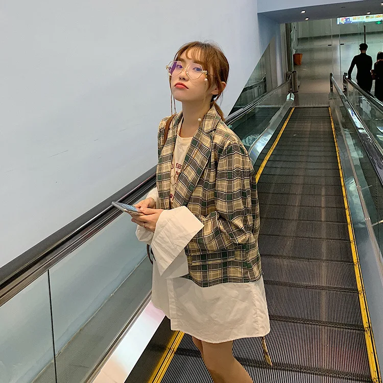 

Photo Shoot Sense of Design Non-mainstream Contrast Color Shirt Joint Fake Two-Piece Plaid Suit Women's