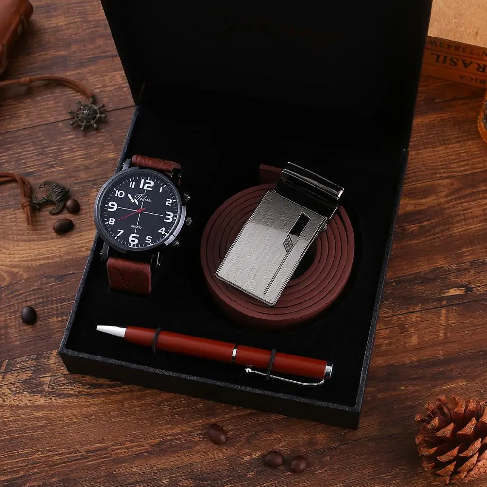 

Men's Quartz Watch Belt Pen Creative Combination 3/PCS Set Men's Gift Set Beautifully Packaged Wrist Watches Valentine's Day Gif
