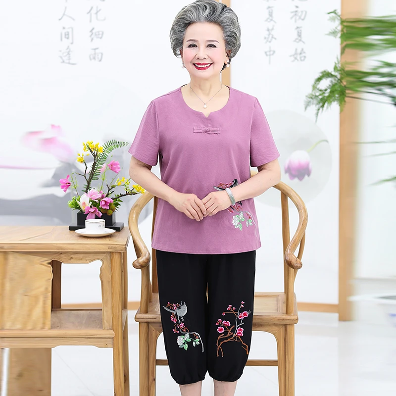 Conjunto Retro de lino y algodón para mujer de y ancianos, camiseta de manga pantalones informales, traje para abuela 2 uds.|Conjuntos de mujer| - AliExpress