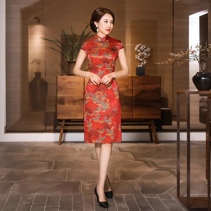Винтажный воротник Мандарин классический цветок Cheongsam Атласный Женский Qipao винтажное китайское вечернее платье Vestidos