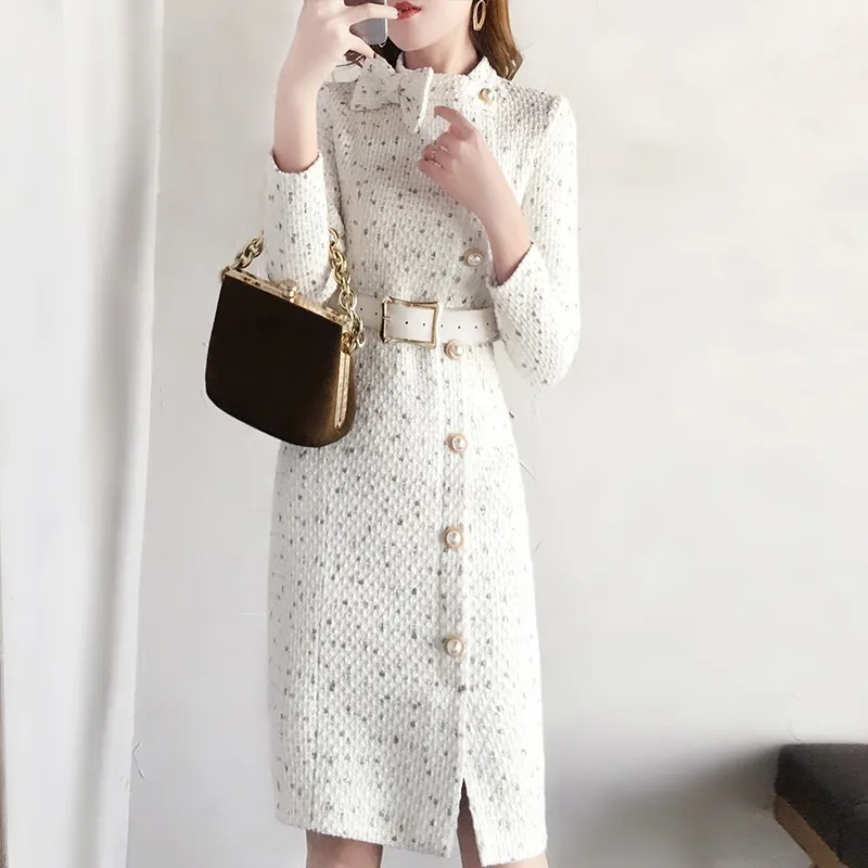 2019 осенне зимнее элегантное женское Шерстяное Платье с жемчужными пуговицами