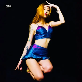 

Shine Drum Dance Costume 2 Piece Set Sexy Women latin pole Belly Dance Performance Outfit Bra and Skirt Blue Luxury adult stage