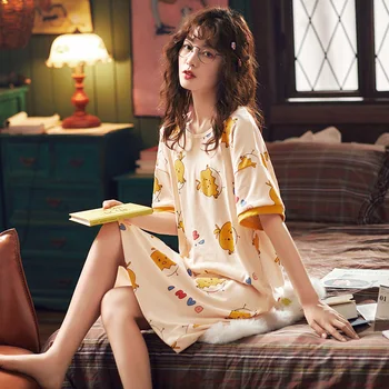 

Nightgown Female Summer Pure Cotton Fairy Wind Thin Cartoon Japanese-Style Sweet Short Sleeve Large Size Pregnant Women