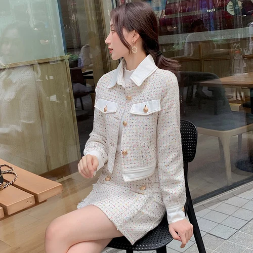 Photo Color Women Luxury White Tweed 2 Piece Set Fall Winter Beading Peral Tassel Wool Blends Jacket Coat+ Mini Single Breasted Skirt Set - Цвет: Photo Color