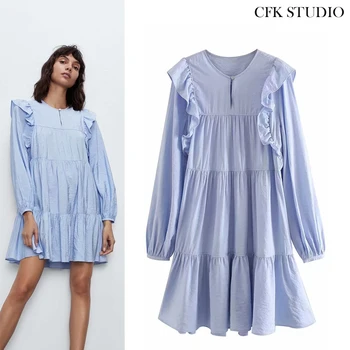 

ZA 2020 New Summer Minidress for Women with O-neck Ruffles Long Sleeve Diamonds Solid Pleated Dress Elegant A-line Blue Dress