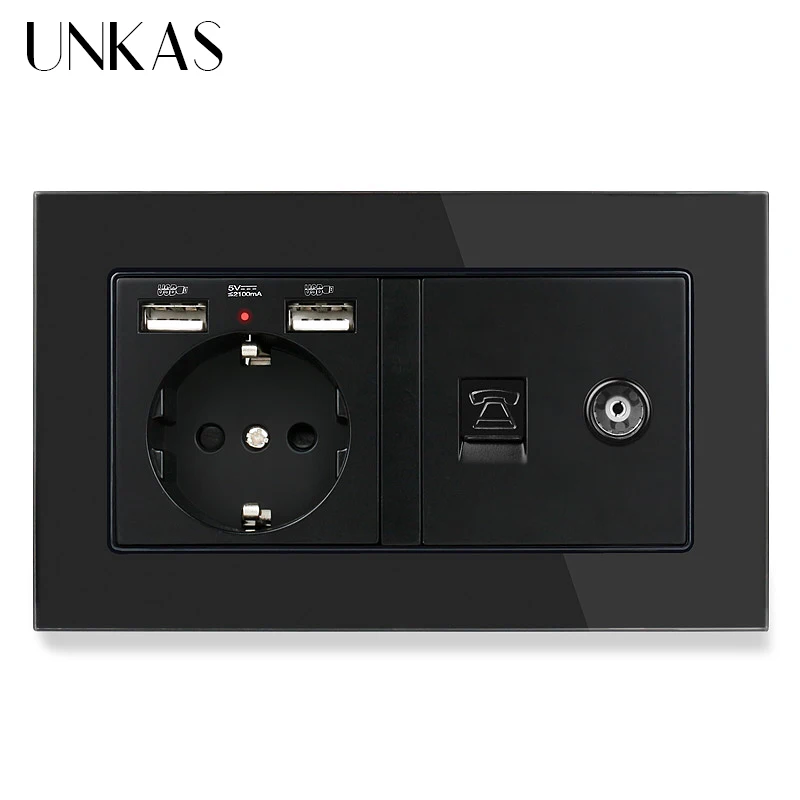 UNKAS класса люкс Стекло Панель Европейская Сетевая розетка с двумя портами USB