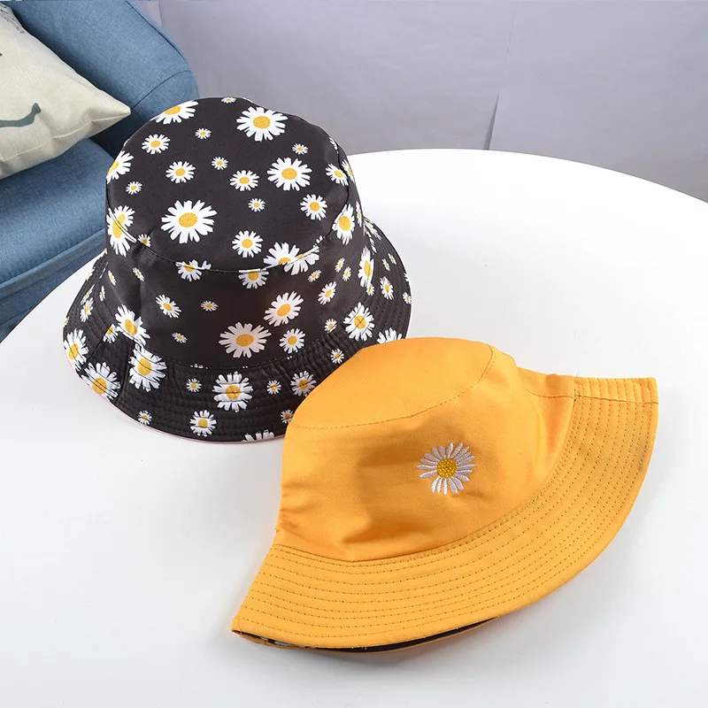 Daisies Embroidered Buckets Hat Cow Women Transparent Lace Flower Beach Panama Hats Top Snapback Fashion Daisy Sun Cap Summer pink fur bucket hat Bucket Hats