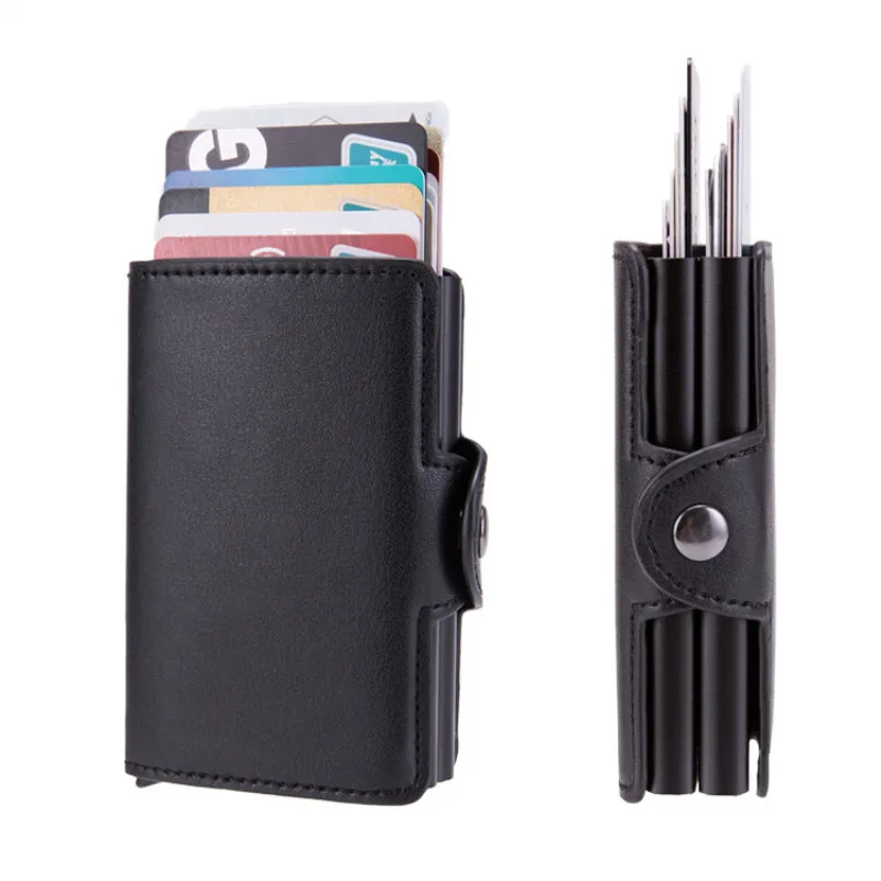 

RFID Business Card Wallet Double Aluminium Box PU Leather Automatic Pop Up Antimagnetic Metal Wallet Credit ID Card Holder
