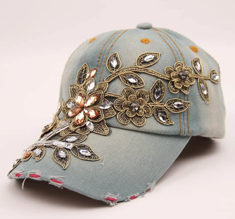 Женская бейсбольная кепка Алмазная вышивка цветок деним Snapback шапки джинсы женская кепка ковбойская летняя шляпа от солнца - Color: 1