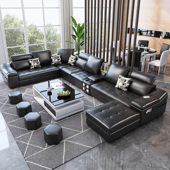 

Black leather combination sofa furniture living room sofa set multifunction bed sofa