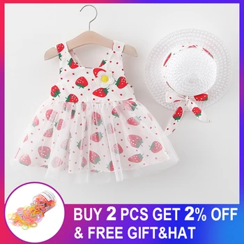 

Baby Girls Dress with Hat New Summer Strawberry Newborn Baby Girl Clothing Infant Butterfly Lace Kids Dress Baby Girl Clothes