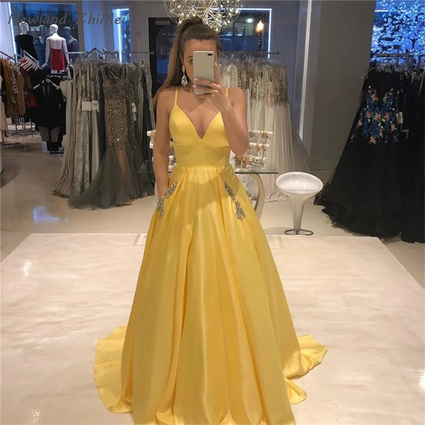Simple-V-neck-Long-Prom-Dress-With-Pockets-A-line-Yellow-Satin-Formal-Party-Dress-For