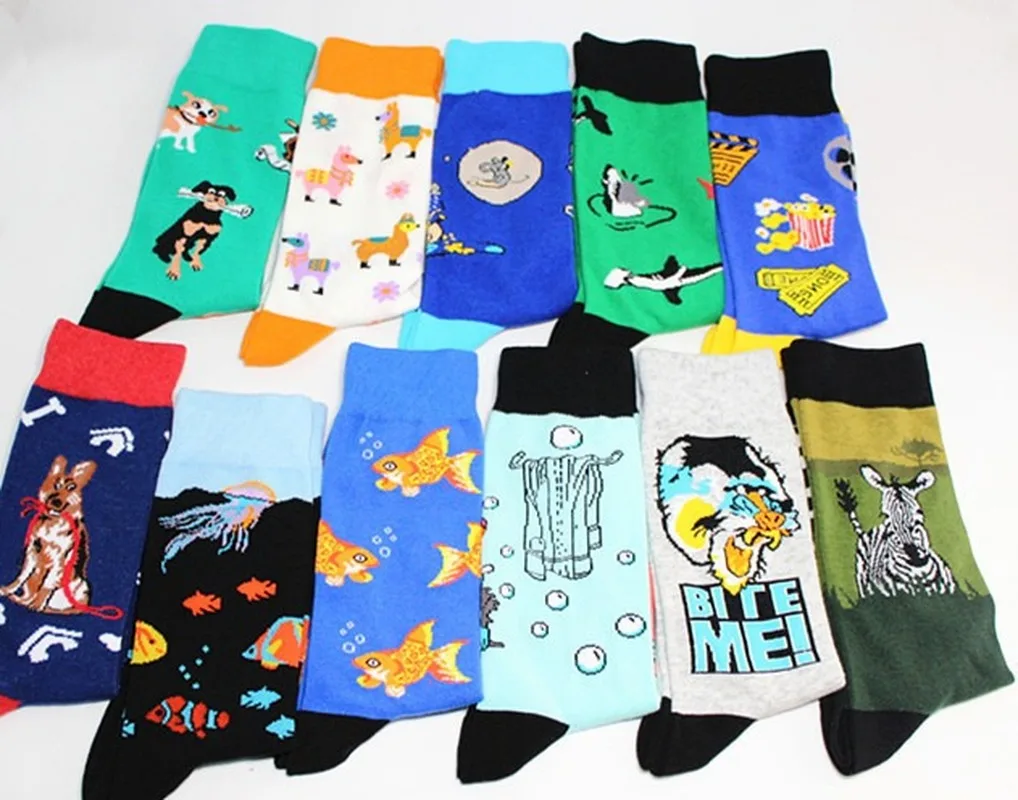 Cartoon Animal Fish Dog Zebra Shark Men Crew Socks Cotton Funny Streetwear Casual Fashion Happy Breathable Sock Winter Skarpetki