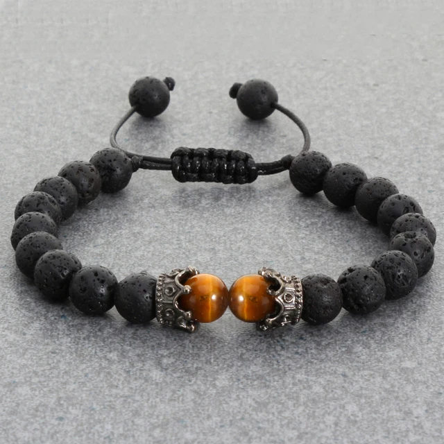 Black Lava Stone Crown Charm Tiger Eye Beads Bracelet For Men Women Braided Bracelets Handmade Adjustable Jewelry Pulseira 2