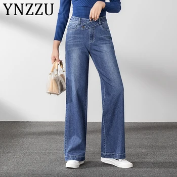 

YNZZU 2019 New Design Mom Jeans High Waist Wide Leg Pants Women Plus Size Loose Female Denim Pants Full Length jeans femme AB220