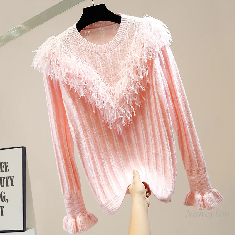 

Pleated Fold Flare Sleeve Lace Tassel Pullover Sweater Women 2020 New Girls Ladies All-match Stripe Pink White Basic Knit Pull