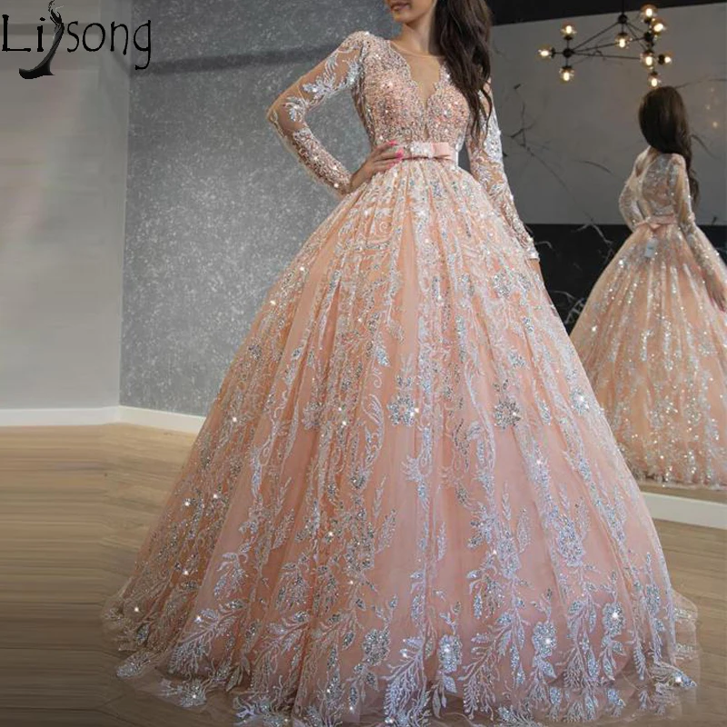 Sparkly Roze Lovertjes Lace Baljurk Prom Dresses Jewel Hals Zoete 16 Jurk Lange Avondjurk gewaad de soiree Sparkly Roze Lovertjes Lace Baljurk Prom Dresses Jewel Hals Zoete 16 Jurk Lange Avondjurk gewaad de soiree