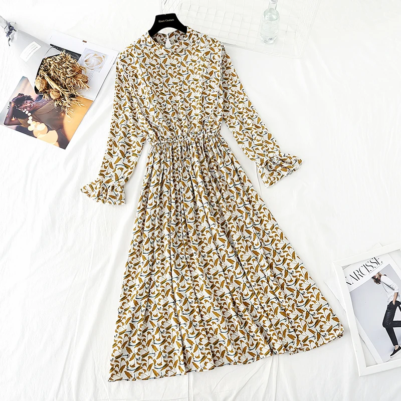 

Elegant Floral Print Women Autumn Dress Sexy Round neck Full Sleeve Female Long Dresses 2021 Spring Chiffon Vestidos