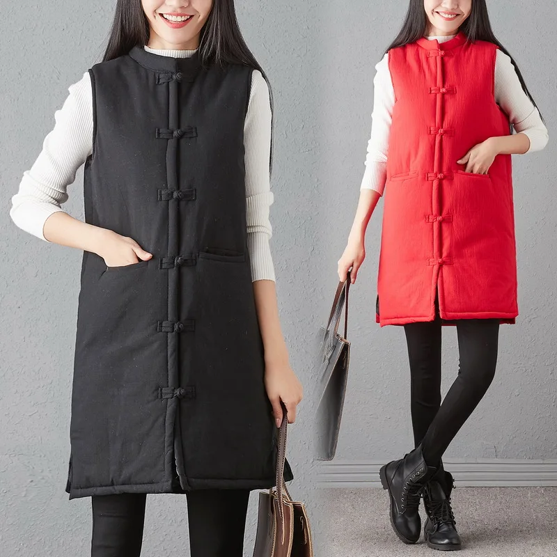 

2018 Winter New Style Cotton Linen WOMEN'S Dress Literature And Art Retro Frog Warm Women's Long Thick Waistcoat Coat
