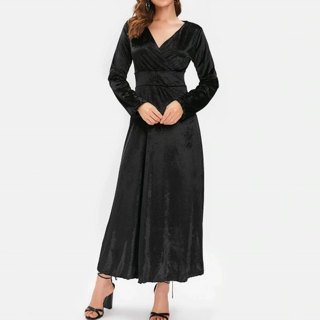 Autumn Women Dress Casual Full Sleeve V-Neck Ruched Dresses Thin Floral Solid Color Long Kaftan Dress Spring Ladies Girls 806