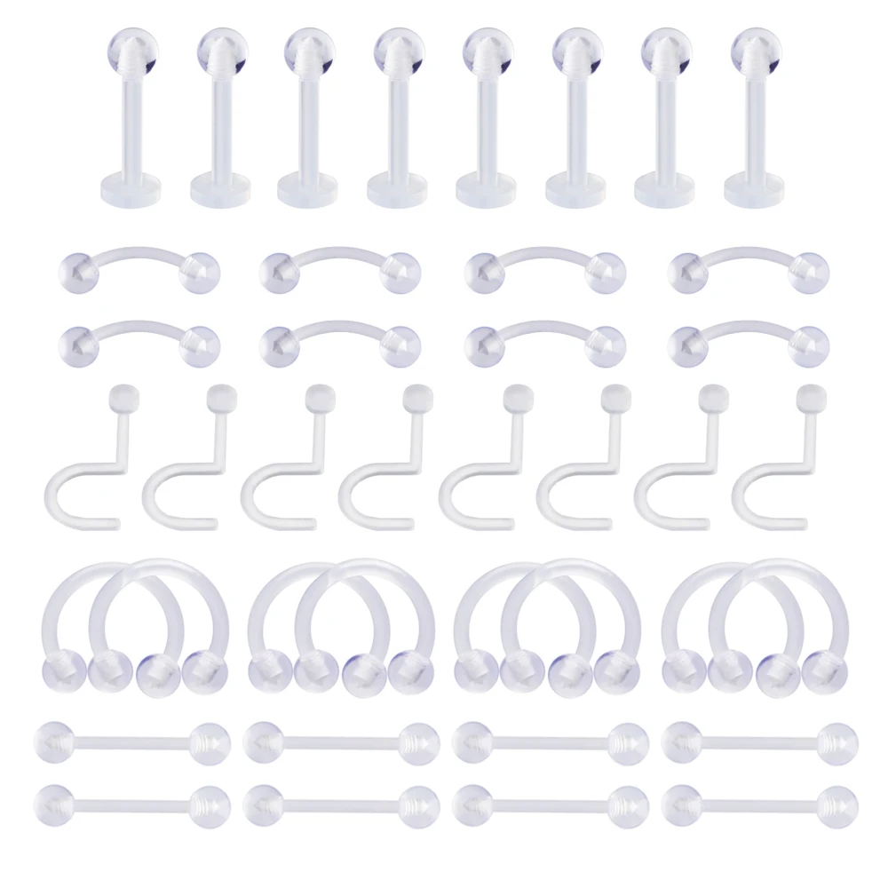 Transparent 40Pcs Набор для пирсинга Labret 40 шт. акриловая Bioflex Tragus фиксатор мягкий прозрачный Невидимый для бровей и губ Серьга из носового кольца спираль Украшения для тела - Окраска металла: Transparent 40Pcs
