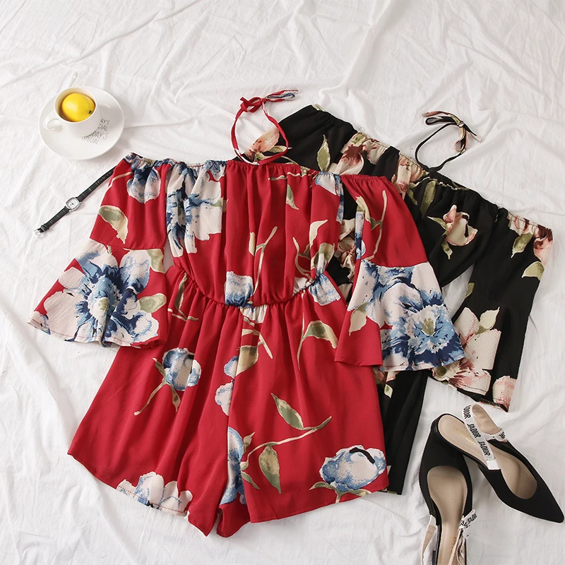 Women Halter Floral Playsuits Holiday flower overalls bohemian off shoulder beach jumpsuits wide leg chiffon rompers G1373