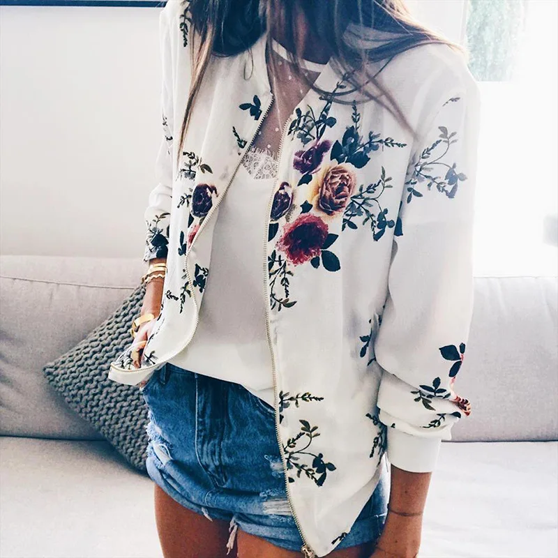 

Spring and Autumn 2019 Fashion Printed Circle Neck Zipper Long Sleeve Jacket for Women
