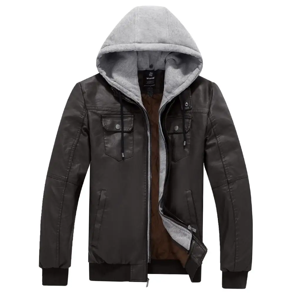 Wantdo Men PU Leather Jacket Casual Coat with Removable Hood Chest Pockets chaqueta hombre |