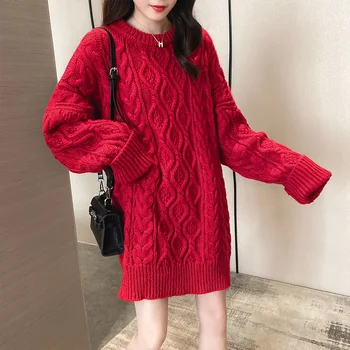 

Milinsus Vintage Mid Long Sweater Women Twisted Knitted Pull Jumpers Female Warm Knitwear Femme Pullovers 2019 Winter Clothes