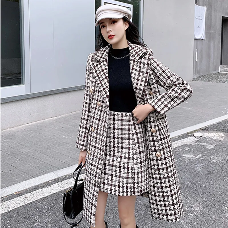 

High Quality Houndstooth Tweed Coat Mini Skirt 2 Piece Set Thicken Warm Autumn Winter Office Lady Wool Long Outwear&Skirt Outfit