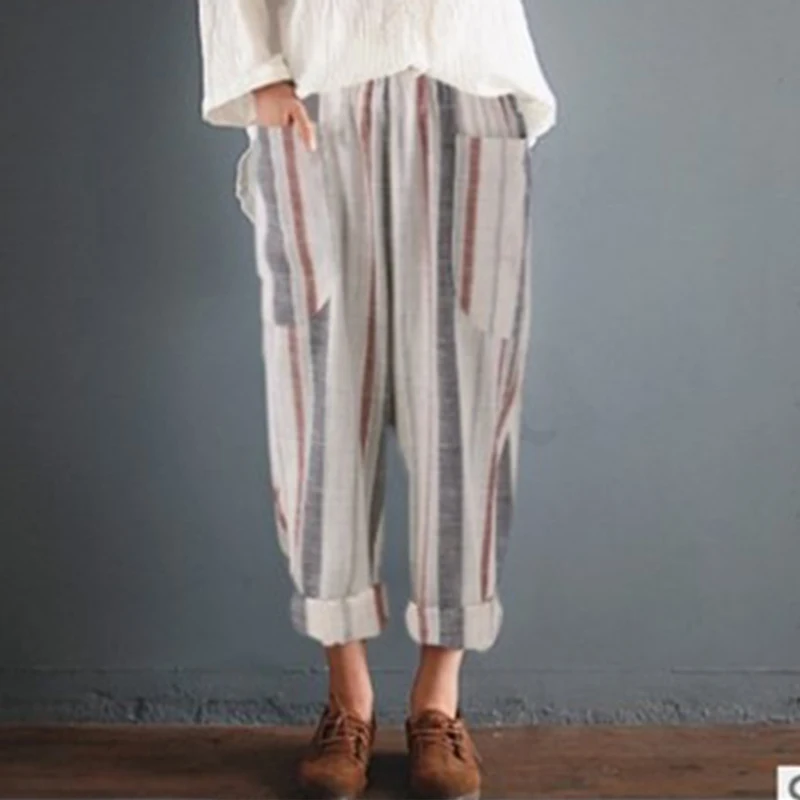 

Cotton Linen Harem Pants Women Summer Loose High Waist Striped Pockets Pants Casual Pantalon Female Sweatpants Trouser Plus Size