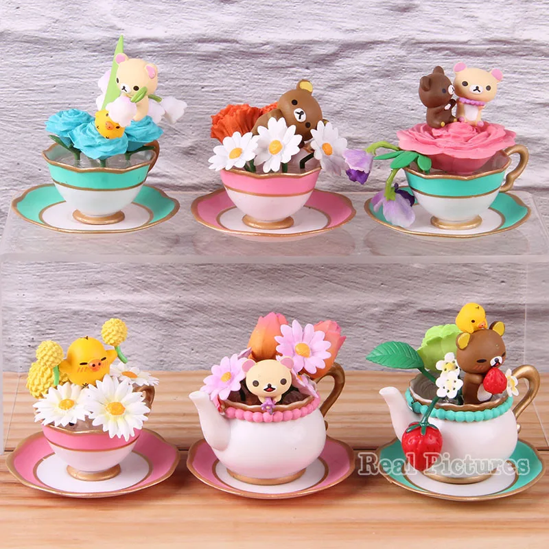 Медвежонком-рилаккумой Цветочный чай чашка Rilakkuma Рисунок ПВХ Фигурки Коллекционная модель игрушки украшения подарки 6 шт./компл