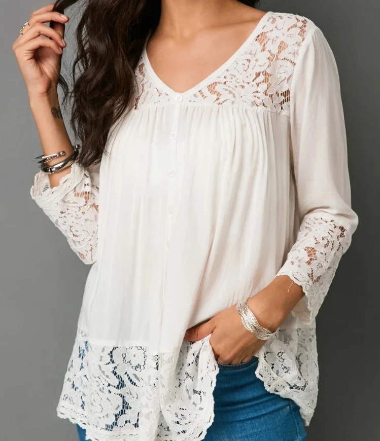 WEPBEL Summer Women Sexy V-neck Shirt Casual Long Sleeve Top Fashion Solid Color Loose Lace Chiffion Blouse Plus Size S-5XL |