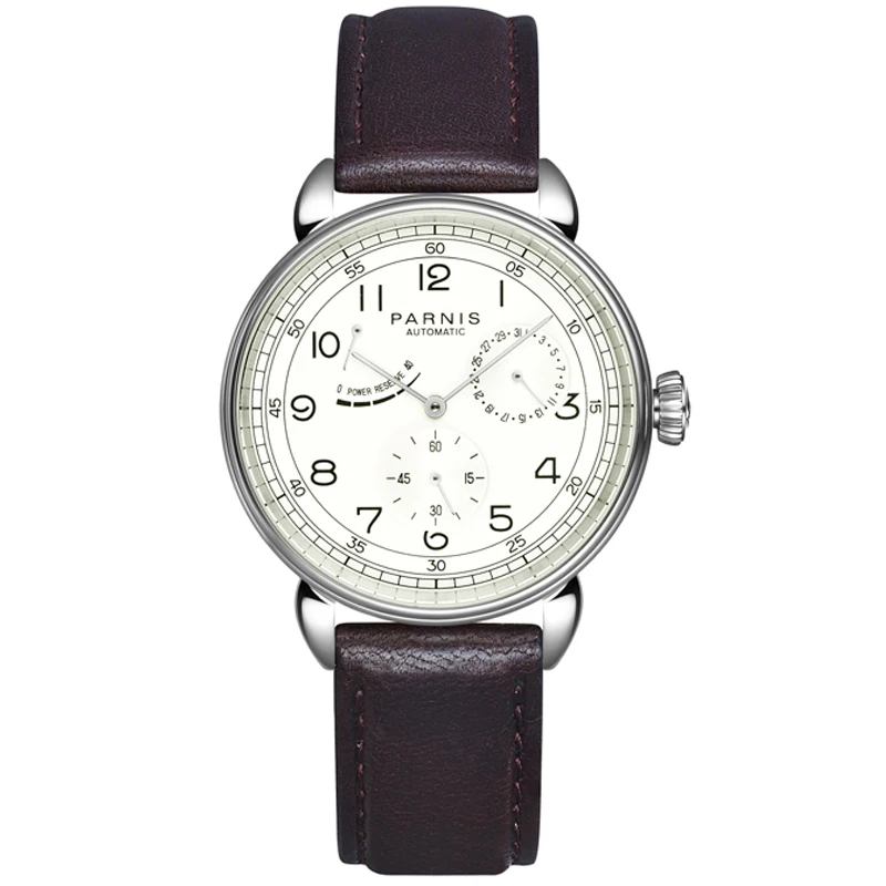 Мода Parnis 42 мм автоматические механические мужские часы кожаный ремешок Календарь Мужские часы relojes para Marca Hombre de lujo