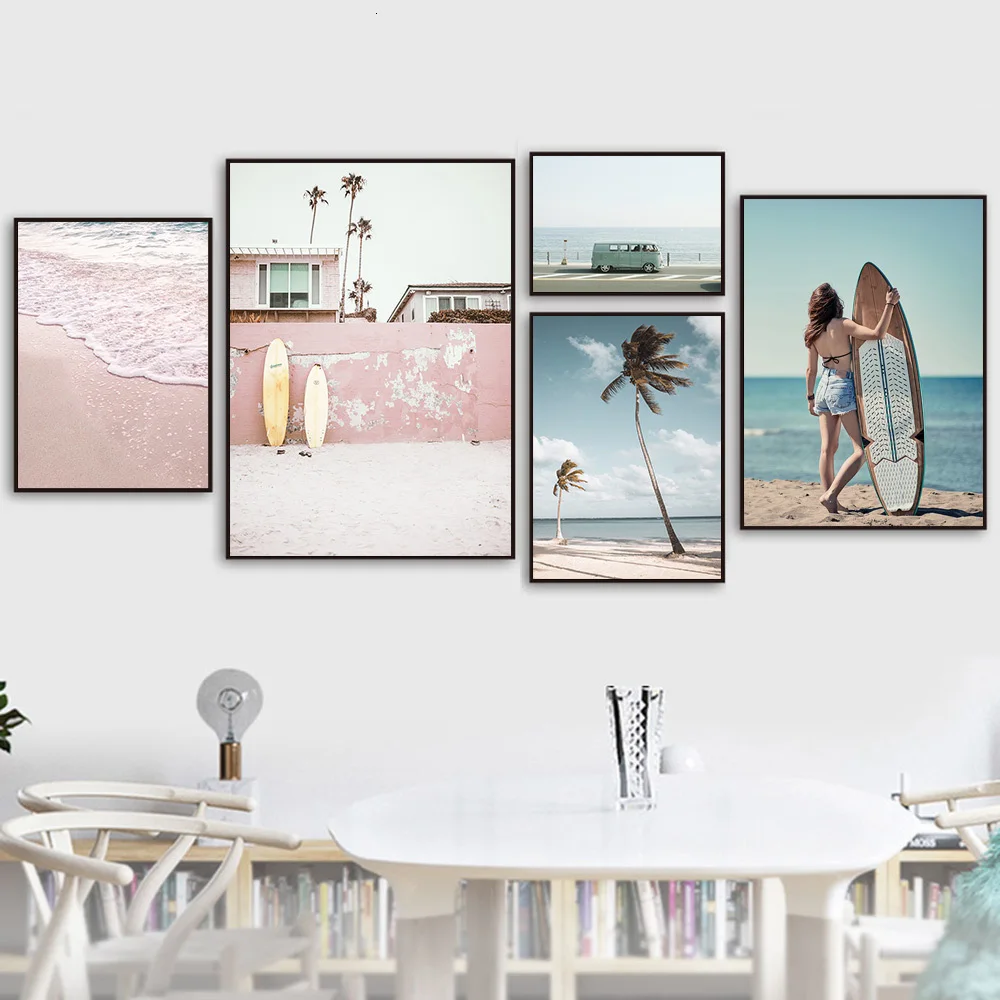 Pink Beach Surfing Canvas Prints Scandinavian Landscape Wall Poster Living Room Pictures Paintings | Дом и сад