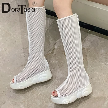 

DORATASIA Ins Sexy Ladies Summer Peep Toe Boots Casual Boots Women Hollow Platform Zipper Party Club Mid Calf Shoes Woman