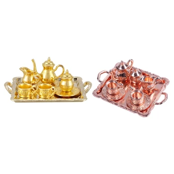 

2 Set Dollhouse Miniature 1: 12 Toy 8 Pcs Metal Tea Set Length 6.5Cm, Gold & Rose Gold