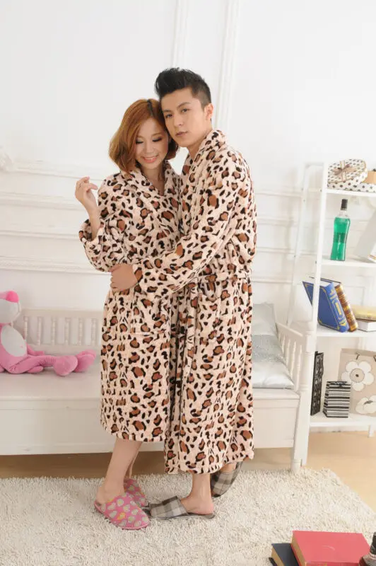 Unisex Men Fashion Flannel Warm Thickening Leopard Print Long Robe Soft Bathrobe Towelling Bath Robe Dressing Gown Nightwear