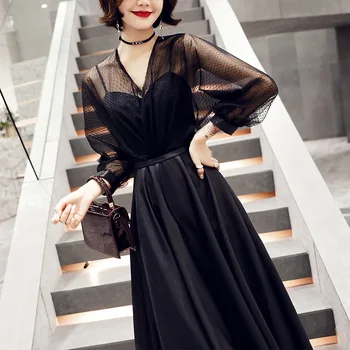 

Long Sleeve Black Oriental Style Banquet Dresses Chinese Vintage Traditional Wedding Cheongsam Elegant Evening Party Gowns