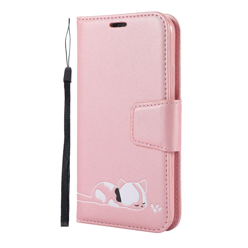 Роскошная Кожаная Обложка для книги чехол для Xiaomi mi A2 Lite Red mi Note 7 6 Pro Sleepy Cat флип-чехол с слотами для карт Landyard - Цвет: Pink