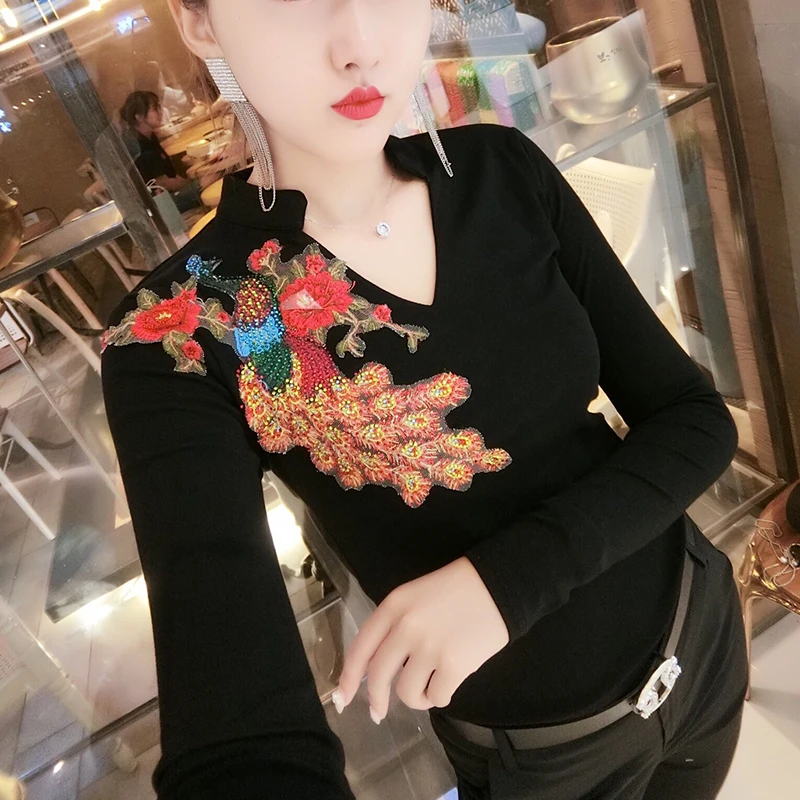 Модная Корейская футболка с вышивкой павлина Dimonds; Новинка года; осенне-зимний топ с длинными рукавами; облегающая одежда; Camiseta Mujer; черный цвет; T98108 - Цвет: Black tshirt