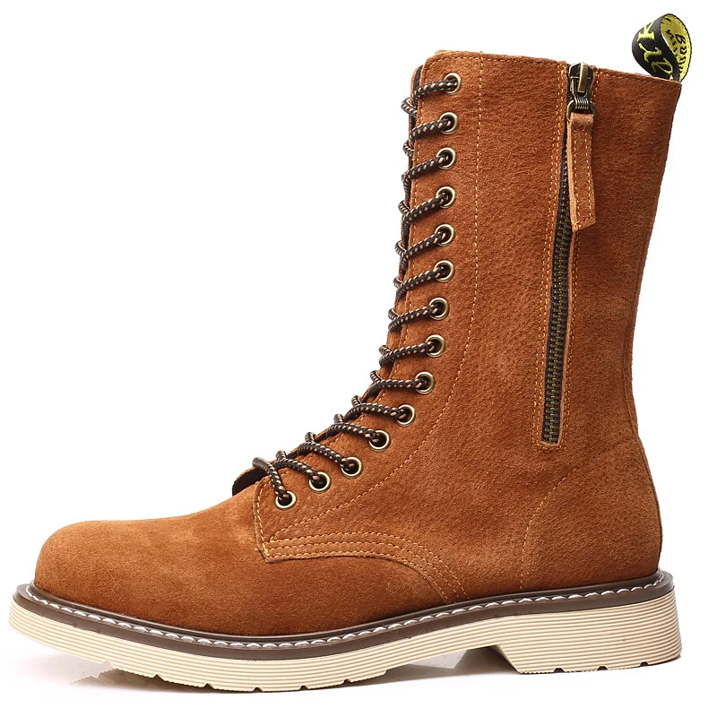 Зимние осенние мужские мотоциклетные ботинки из натуральной кожи мужская обувь на шнуровке винтажные высокие военные ботинки для пустыни и снега размеры 38-47 - Цвет: brown fur