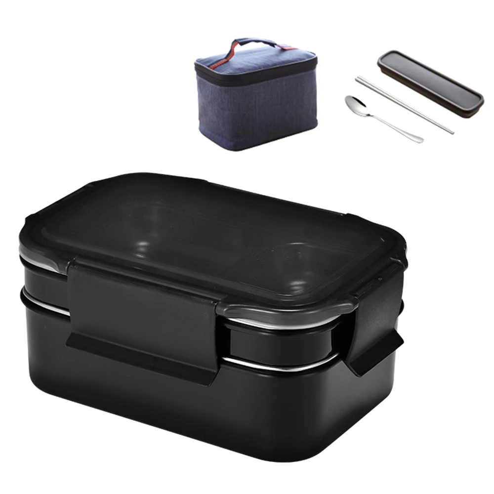 Pawaca 4 шт. комплект контейнеров для завтрака детский Ланч-бокс для взрослых с палочками для еды Подставка для ложки сумка для школы офиса кемпинга Heatable ланч бокс - Цвет: Black