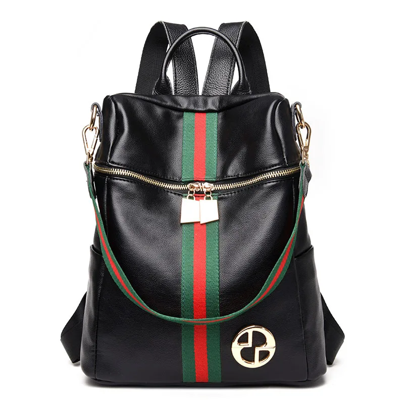 

2019 New Style Backpack WOMEN'S Bag Korean-style PU Leather Schoolbag Casual College Style Color Stripes Dual Purpose WOMEN'S Ba