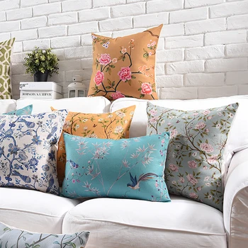 

45x45/53X53/50X30CM Chinese pastoral style floral printed cushion cover cotton linen pillow cover sofa birds throw pillowcase