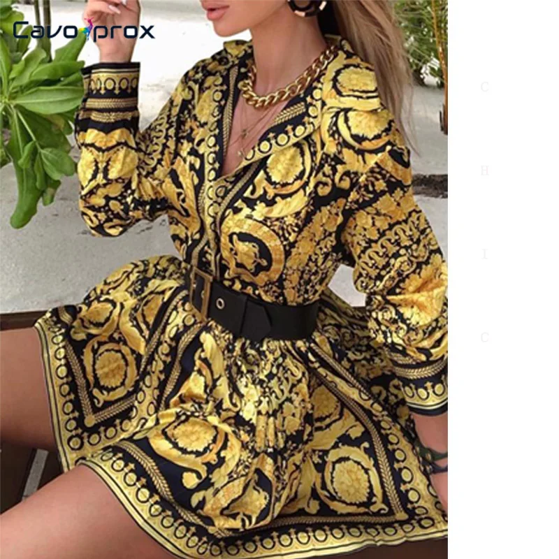 

Women Vintage Scarf Print Long Sleeve Dress Loose Above Knee Mini Turn-down Collar Spring Fall Fashion Pluss Size Elegant Dress