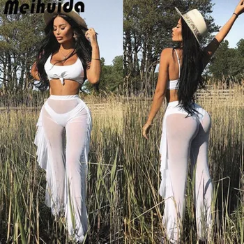 

2019 Women Beach Cover up Swimwear Beach Pants Sheer See-through Transparent Trouser Ruffle Female Mesh High Waist Swim Bottoms