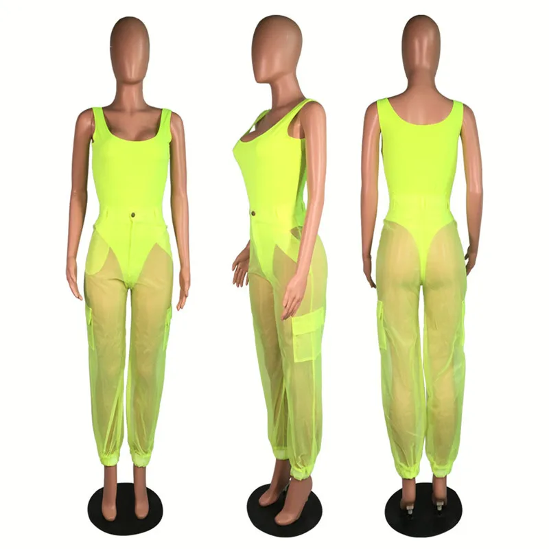 HAOYUAN комплект одежды из двух предметов, боди, топ и сетчатые прозрачные штаны, одинаковые комплекты, неоновые, розовые, зеленые сексуальные комплекты из 2 предметов для женщин - Цвет: neon green
